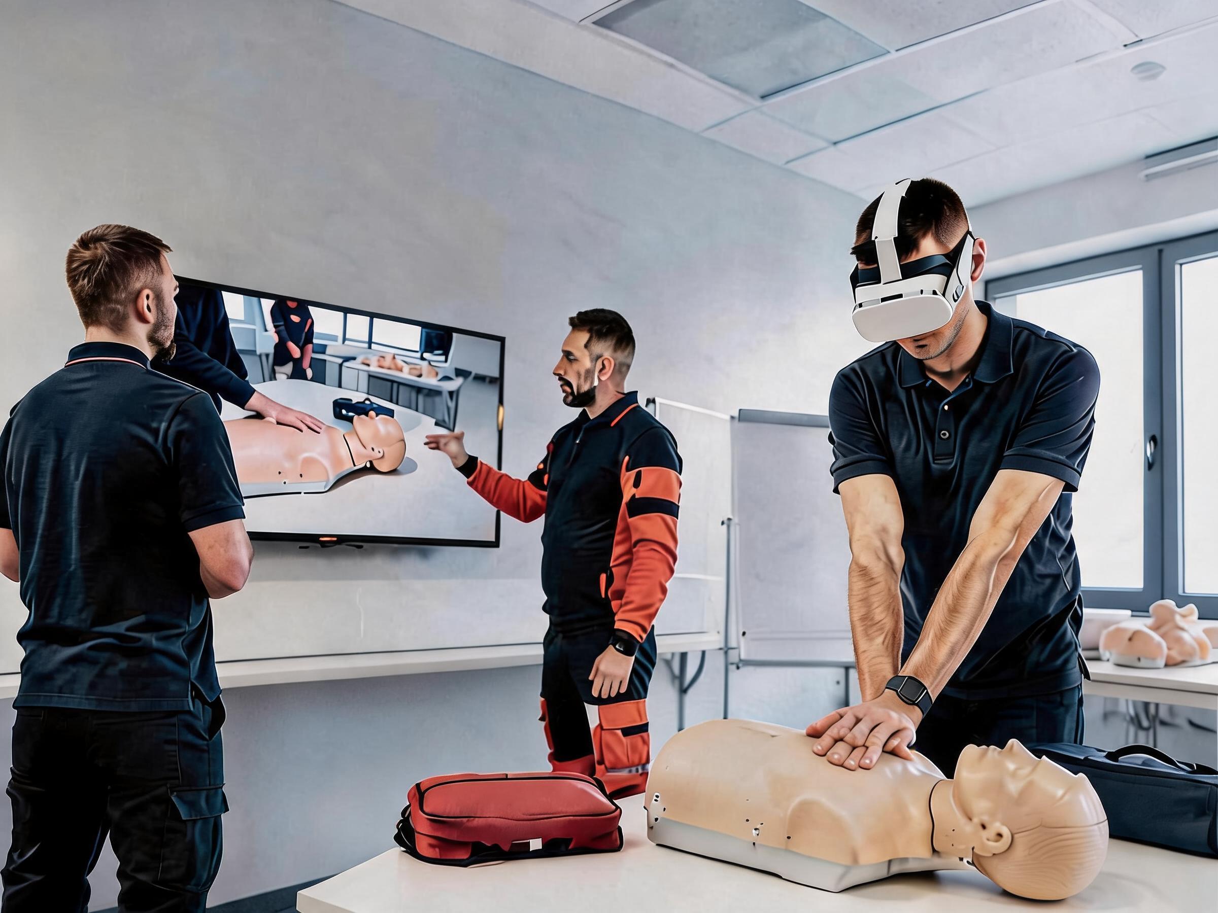 Instruktor prowadzi grupowe szkolenie pierwszej pomocy z wykorzystaniem VR i manekina