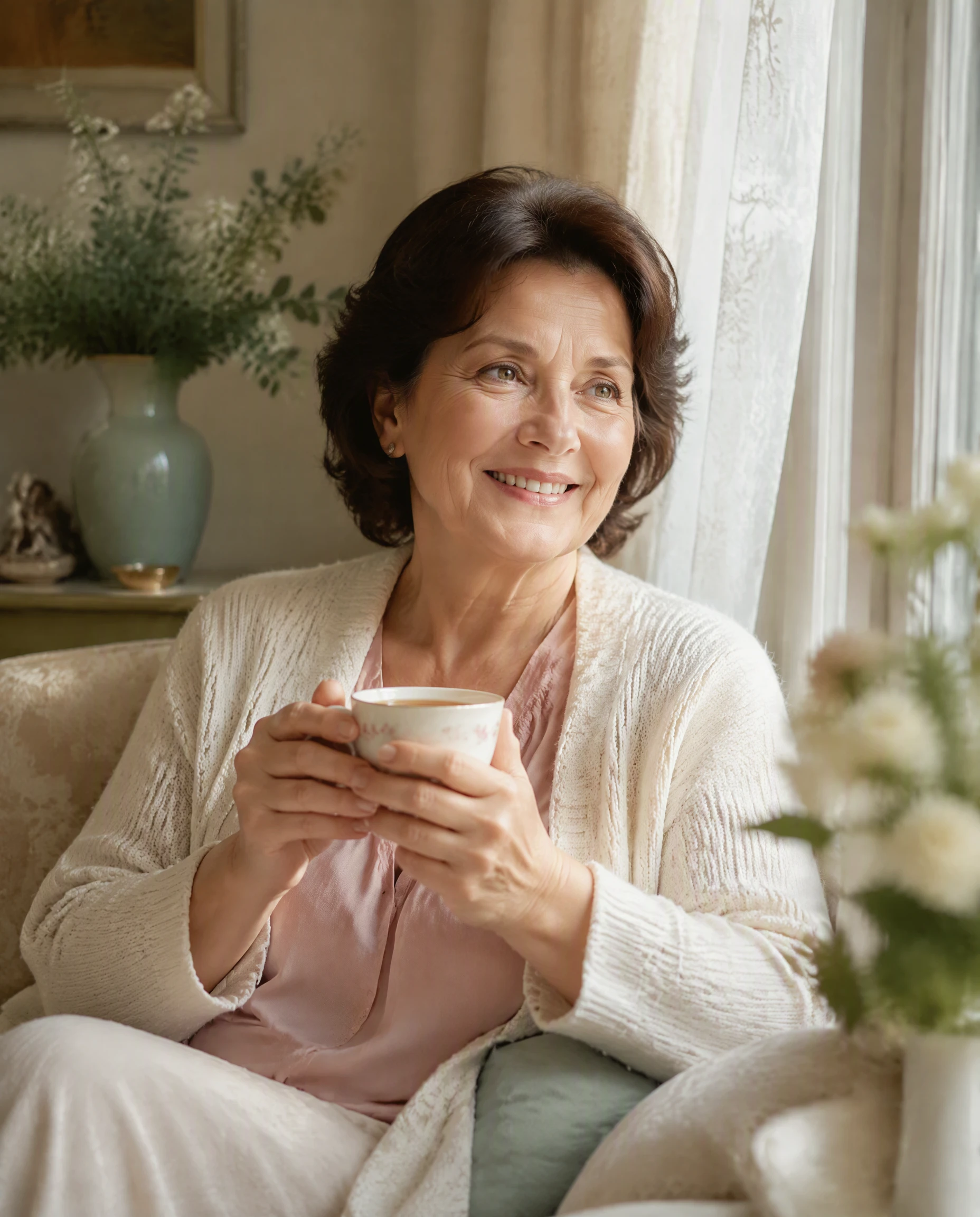 Русская женщина 60+ улыбается дома за чашкой чая