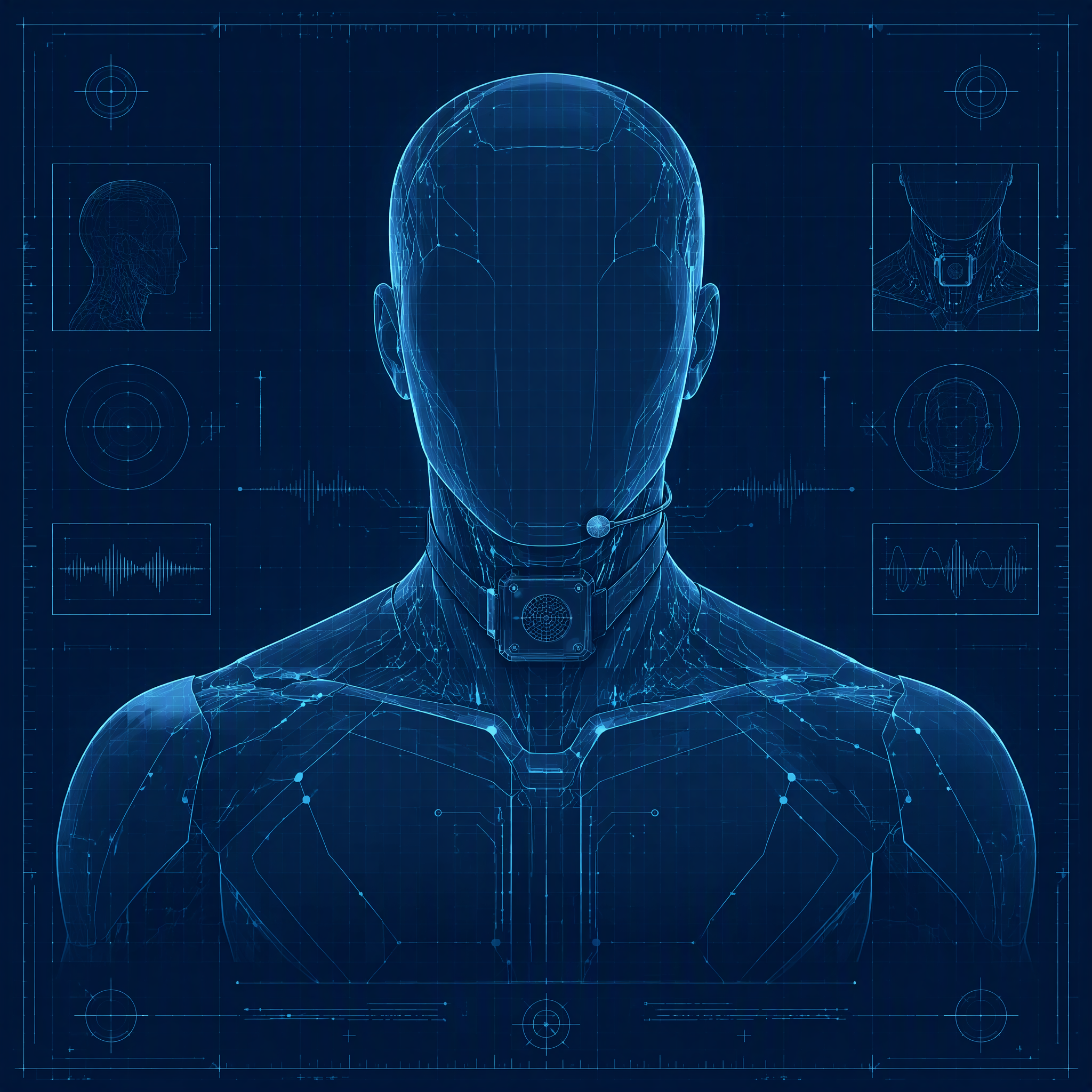 Blueprint schematic of a generic digital male torso with a collar microphone and speaker