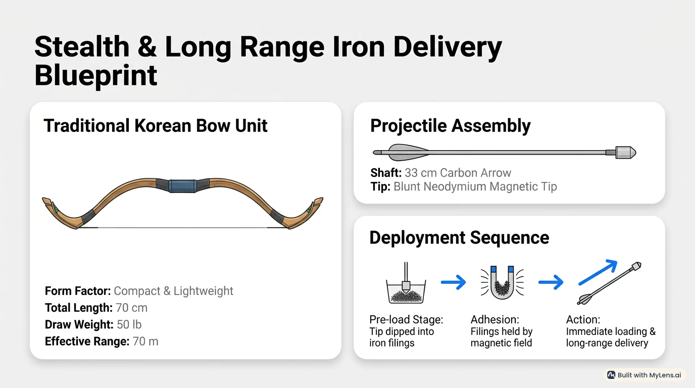 Blueprint of a traditional Korean bow and long-range iron delivery arrow assembly
