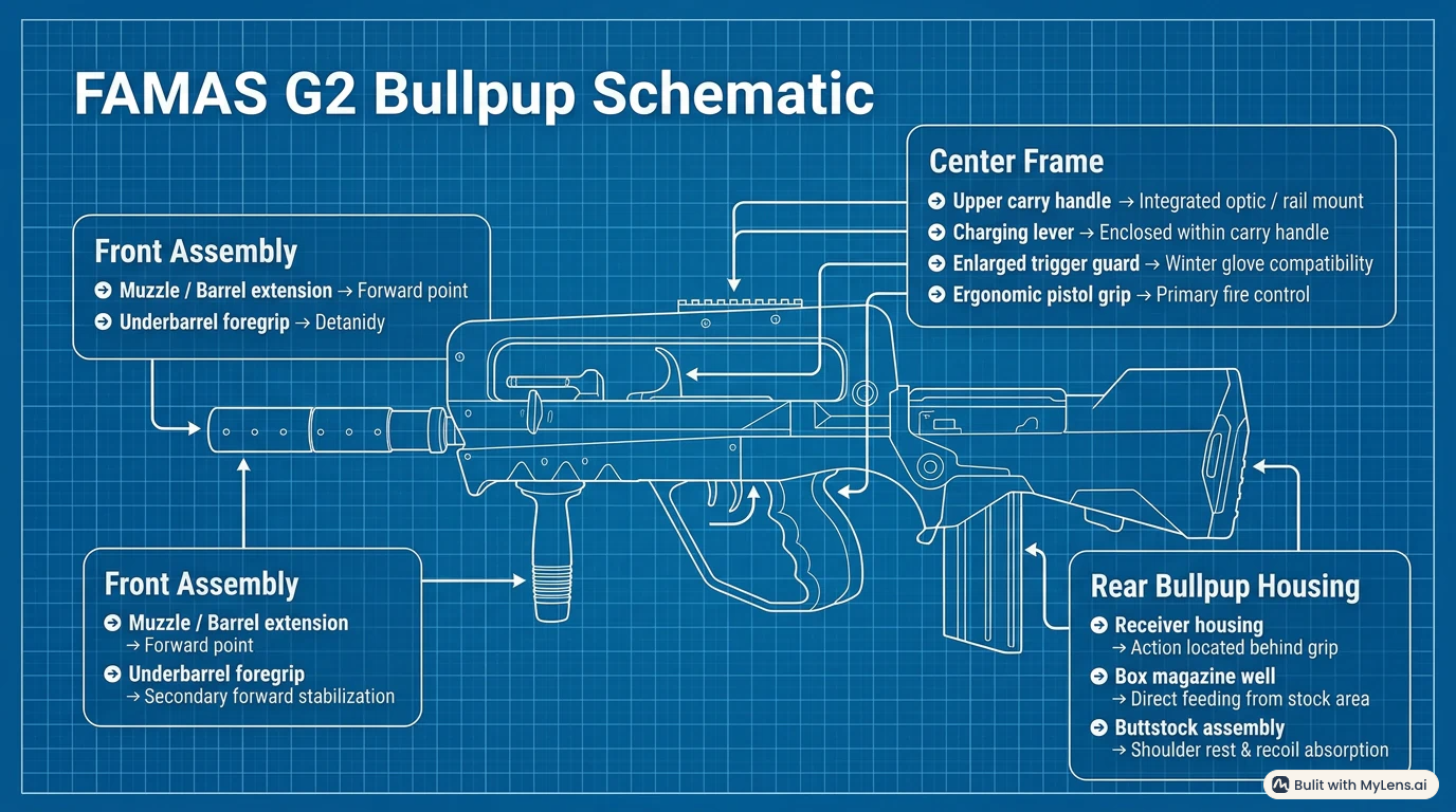 Blueprint schematic of a FAMAS G2 bullpup field platform