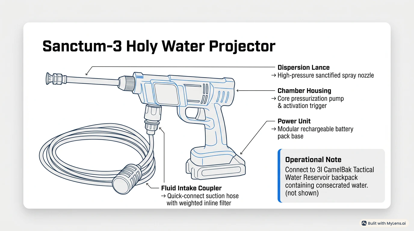 Blueprint schematic of the Sanctum-3 holy-water projector and fluid intake hose